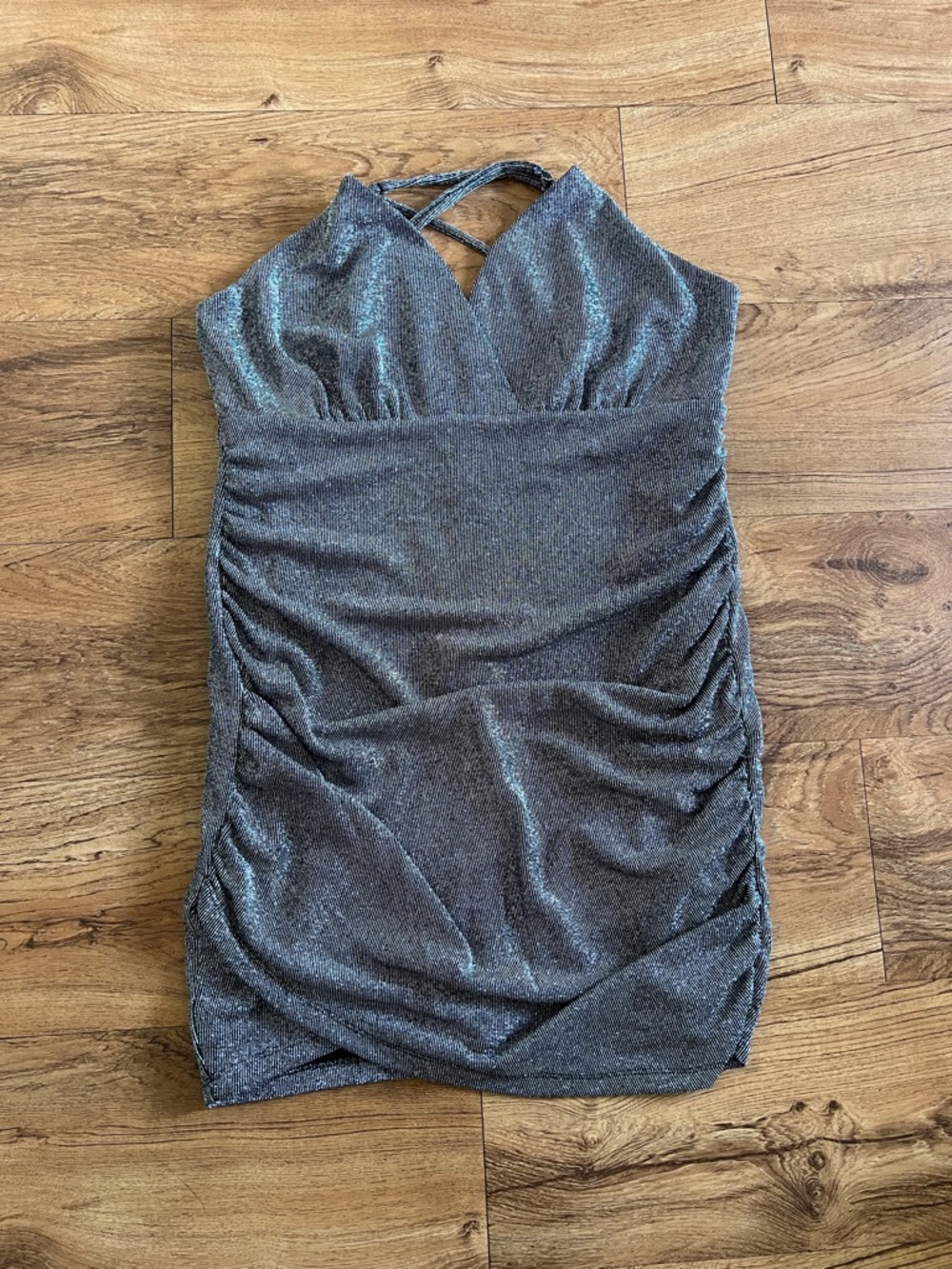 Lulu's Shimmery Silver Ruched Halter Mini Dress